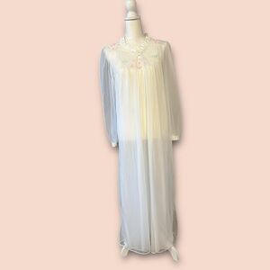 Vintage 1970s Kalz Sheer Nylon Nightgown & Robe Set White Floral Appliqué USA